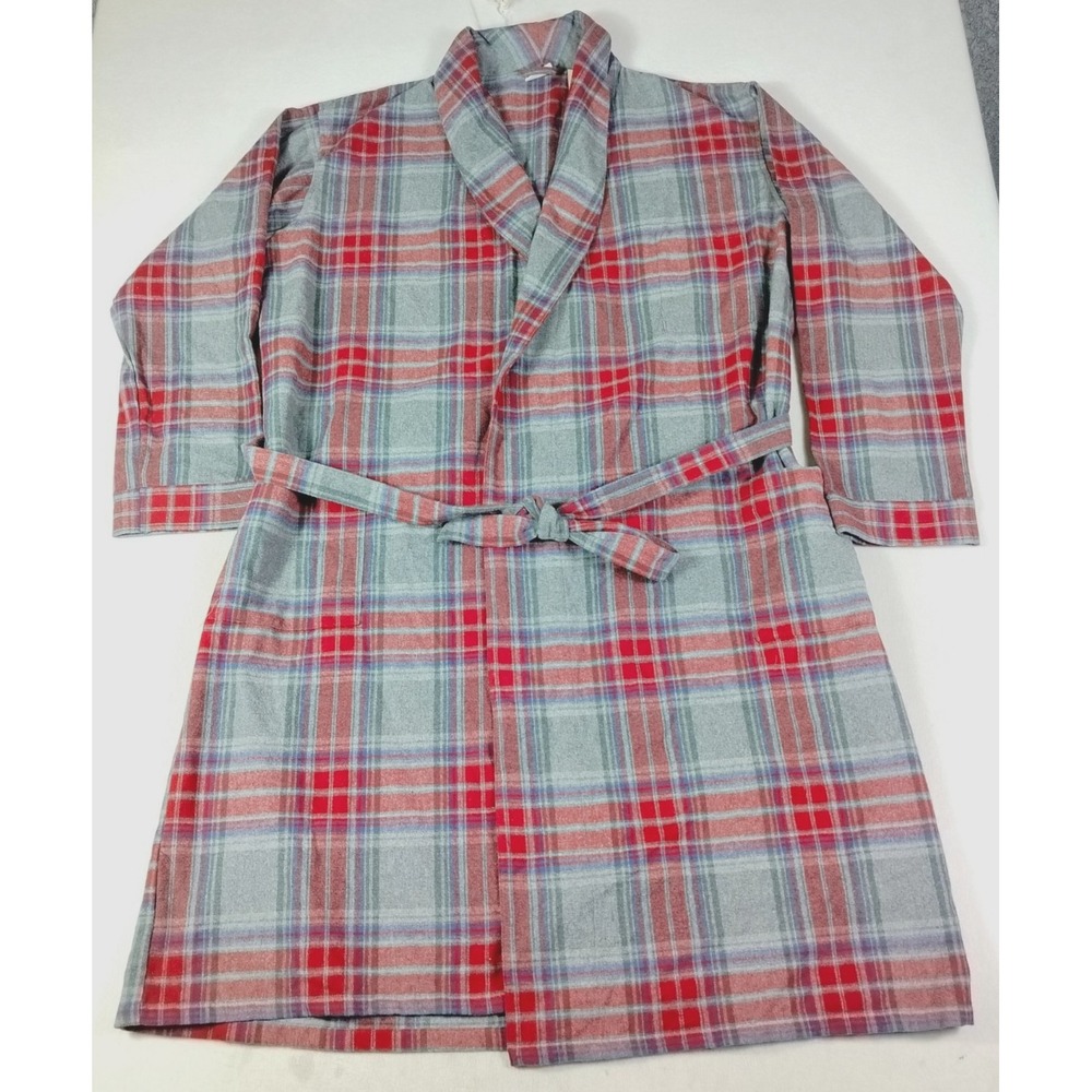 L.L.Bean Robe Mens XXL Red Gray Plaid Flannel Bathrobe Belt Pockets Shawl Collar